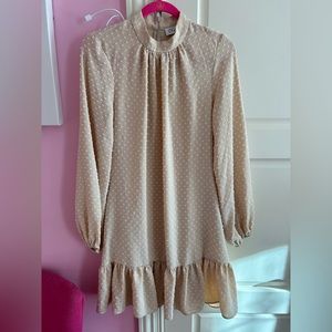 Cream long sleeve mock neck dress with white polka dot
